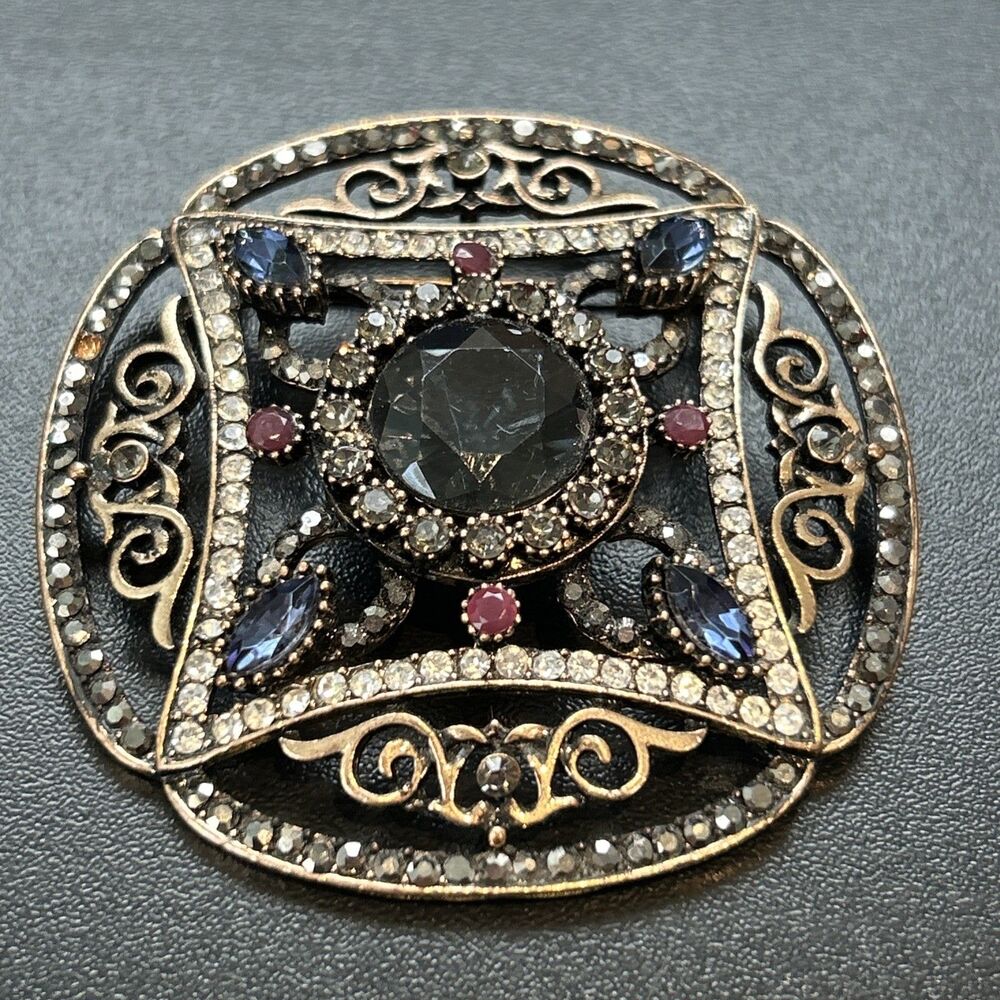 Visson Filigree Pin Brooch Pendant Brass Tone Starburst Rhinestone HSN Ottoman